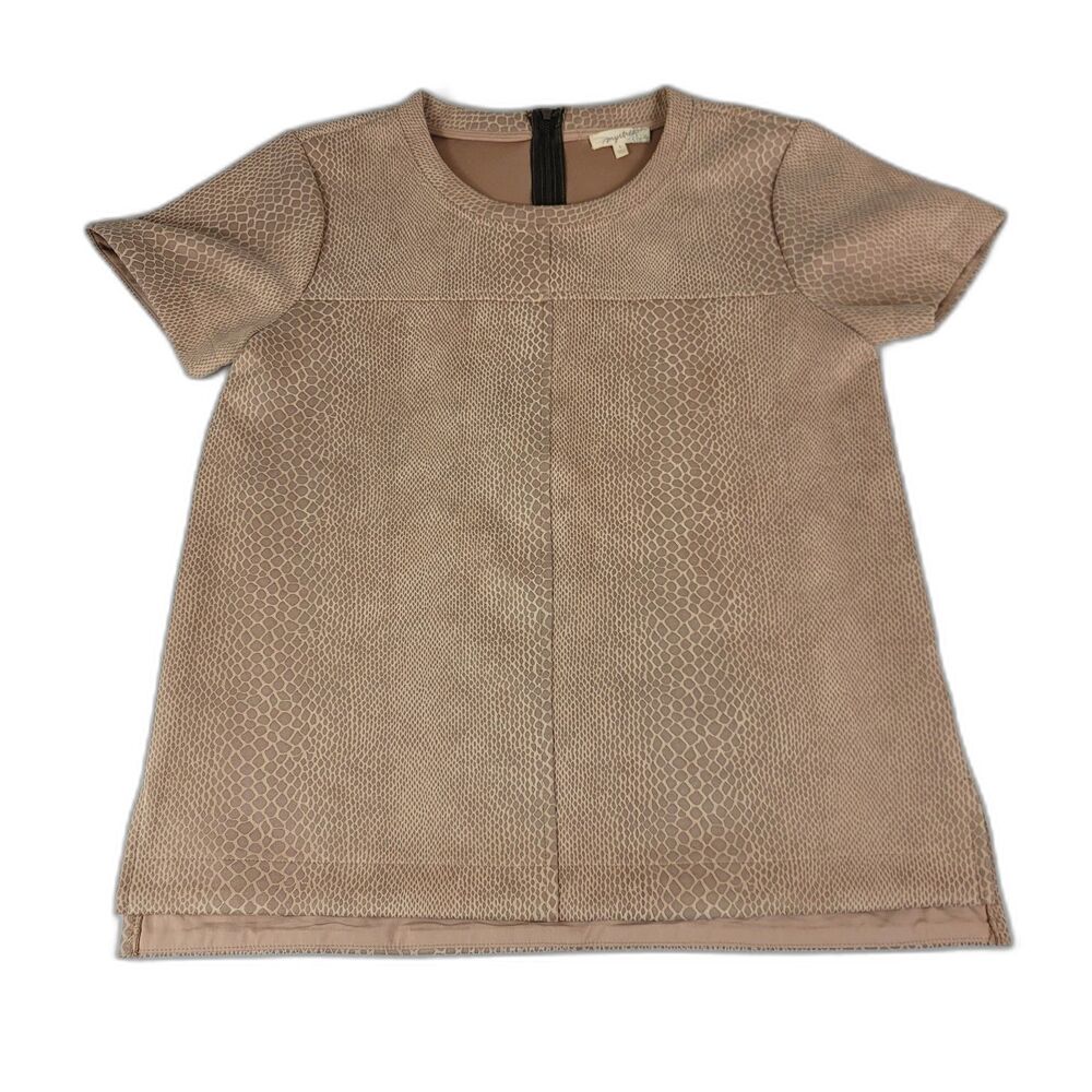 Mystree Women's Faux Suede Animal Print Short Sleeve Shirt Size S Beige Color